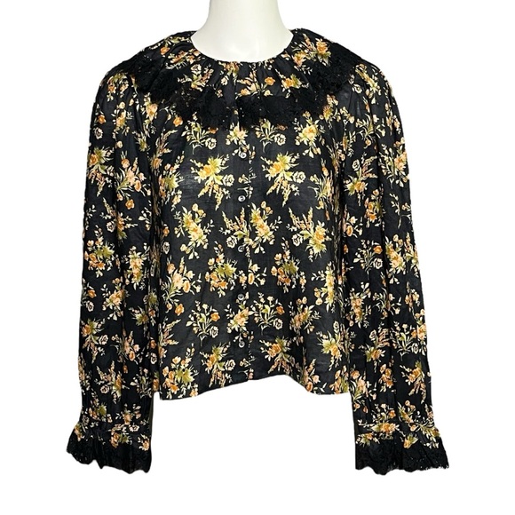 Doen Jamie Ruffled Top in Foxglove Floral Size Small Lace Trim Ramie Blouse - Picture 1 of 7